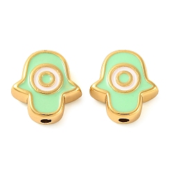 Бледно-Зеленый Стойки обшивки латунные бусины, с эмалью, долговечный, реальный 18 k позолоченный, Хамса руку с дурным глазом, бледно-зеленый, 9.5x8.5x3.5 мм, отверстие : 1.2 мм