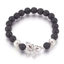 Платиновый & Серебристый Стрейч браслеты, с долговечным гальваническим покрытием из натуральной лавы, натуральная лава и латунные бусины из фианита, бабочка, Платина и серебро, 2-1/4 дюйм (5.6 см)