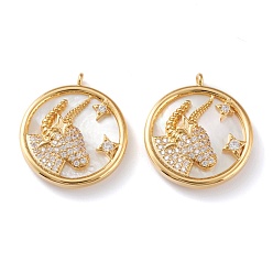 Телец Настоящие 18 k позолоченные латунные подвески с микропаве и прозрачным кубическим цирконием, с оболочкой, долговечный, плоские круглые с созвездием, Телец, 21x18x3 мм, отверстие : 1.8 мм