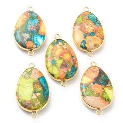 Имперская яшма Соединители из натуральной имперской яшмы, окрашенная и подогревом, с золотыми латунными краями, Плоско-овальные, 30~39x17~21x6~6.5 мм, отверстие : 1~2 мм