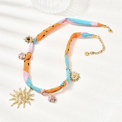 Золотой 304 Женские ожерелья с подвеской в виде солнца, смолы и керамического цветка из шелковой ленты, красочный, золотые, 16.73 дюйм (42.5 см)