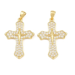 Plaqué 18K Or Véritable Pendentifs en laiton zircon cubique transparent, charmes croisées, crémaillère plaquage, plaqué longue durée, sans plomb et sans cadmium, réel 18 k plaqué or, 30.5x21x3mm, Trou: 5x2.5mm