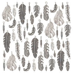 Античное Серебро 72 шт. Подвески из сплава в тибетском стиле, перо, без кадмия и без свинца, античное серебро, 15~56x5~23x1~5 мм, отверстие : 1~3.5 мм