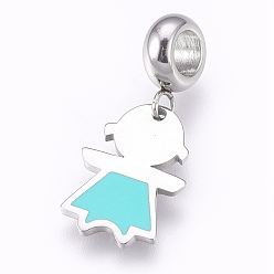 Голубой 304 подвесные европейские подвески из нержавеющей стали, Подвески с большими отверстиями, с эмалью, девушка, голубой, 26 мм, отверстие : 4 мм, Кулон : 16x11x1 мм