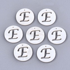 Letter E Natural Freshwater Shell Charms, Flat Round with Hollow Out Letter, Letter.E, 14.5x1.5mm, Hole: 0.9mm
