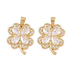 Золотой Латунные микропаве прозрачные подвески с фианитом, клевер амулеты, золотые, 18x15x4 мм, отверстие : 4.5x2 мм