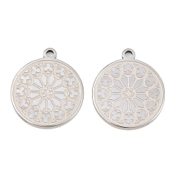 Stainless Steel Color 304 Stainless Steel Pendants, Flat Round with Flower Pattern Charms, Stainless Steel Color, 25x21.5x2mm, Hole: 2mm