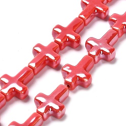 Малиновый Фарфоровые бусины ручной работы, яркие глазированный фарфор, крестик, малиновый, 16~17x13~13.5x5.5 мм, отверстие : 1.4 мм, около 20 шт / нитка, 13.39 дюйм (34 см)