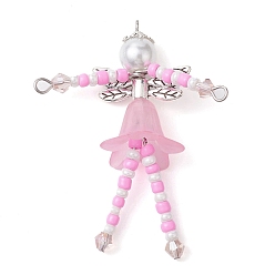 Pearl Pink Glass Seed & Acrylic Pearl Beaded Big Pendants, with Alloy Fairy Wing & 304 Stainless Steel Findings, Angel Charms, Pearl Pink, 52x40x18mm, Hole: 1.6mm