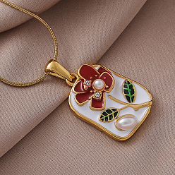 Разноцветный Винтажные 304 подвески в виде цветка из нержавеющей стали с эмалью и искусственным жемчугом для женщин, золотые, красочный, 15.75 дюйм (40 см)