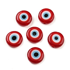 Красный Ручной сглаза Lampwork плоские круглые пряди шарик, красные, 12x4 мм, отверстие : 1 мм, около 33 шт / нитка, 14.76 дюйм