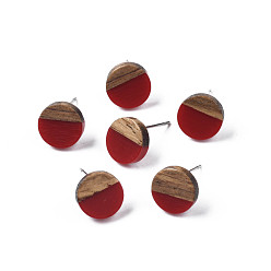 Темно-Красный Серьги-гвоздики из непрозрачной смолы и орехового дерева, с 316 штифтов из нержавеющей стали, плоско-круглые, темно-красный, 10 мм, штифты : 0.7 мм