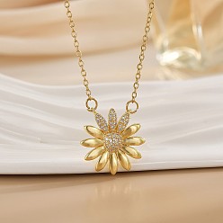 Золотой Подвеска в виде цветка ромашки из латуни с микропаве и прозрачными кубическими циркониями, цепочка-косичка для женщин, золотые, 15.75 дюйм (40 см)