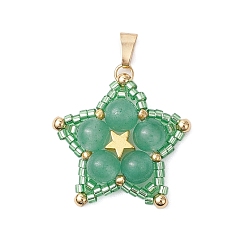 Зеленый Авантюрин Подвески в форме звезды из натурального зеленого авантюрина, со стеклянными бисеринами, золотые, 28x27x6.5 мм, отверстие : 6x2 мм
