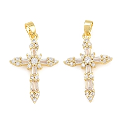 Real 18K Gold Plated Brass Micro Pave Clear Cubic Zirconia Pendants, Cross Charms, Real 18K Gold Plated, 25x17x3mm, Hole: 5x3mm