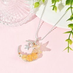 Topaz Jade Natural Topaz Jade Wire Wrapped Moon with Acrylic Butterfly Pendant 304 Stainless Steel Ball Chain Necklaces, Silver Color Plated, 17.72 inch(45cm)