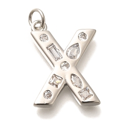 Letter X Латунные микропаве прозрачные подвески с фианитом, с целью перехода в кольце, без свинца и без кадмия, долговечный, стойки покрытие, письмо амулеты, платина, Письмо X, 20.5x13.5x2.7 мм, Перейти кольцо: 5x1 мм, 3 mm внутреннего диаметра.