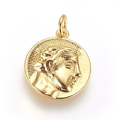 Золотой Латунные подвески, плоские круглые с человека, золотые, 17x15x3 мм, отверстие : 3 мм