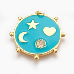 Real 18K Gold Plated Brass Micro Pave Cubic Zirconia Pendants, with Enamel, Long-Lasting Plated, Flat Round, Lead Free & Nickel Free & Cadmium Free, Turquoise, Real 18K Gold Plated, 32.5x32x3mm, Hole: 2.5mm