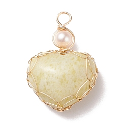 Камнь желтой горчицы Подвески из натуральной желтой горчичной яшмы и пресноводного жемчуга, с настоящей позолоченной медной проволокой 18k, сердце, 33~36.5x24.5x8.5~11.5 мм, отверстие : 4 мм