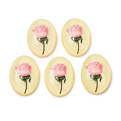 Pink Прозрачные смолы кабошоны, овальные с розовым цветком, розовые, 25x18x6.5 мм