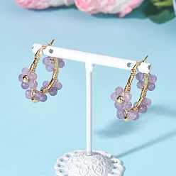 Аметист Серьги-кольца из цветочной латуни и натурального аметиста, С 304 результатами из нержавеющей стали, золотые, 28.5x32x11 мм