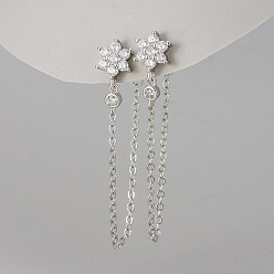 Платина Серьги-гвоздики из латуни с прозрачными кубическими циркониями ко Дню святого Валентина, цветок с цепочкой-кисточкой, платина, 94 мм