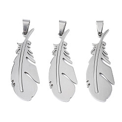Stainless Steel Color Non-Tarnish 201 Stainless Steel Pendants, Laser Cut, Feather, Stainless Steel Color, 49x17.5x1mm, Hole: 4x7.5mm