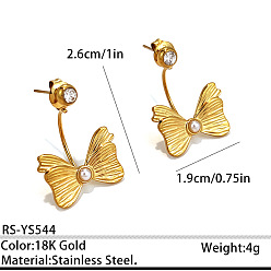 Golden 304 Stainless Steel Pave Clear Cubic Zirconia & Plastic Pearl Stud Earrings for Women, Bowknot, Golden, 26x19mm