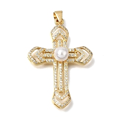 Echt 18 k vergoldet Messing micro pave klare zirkonia anhänger, mit abs-Kunststoffimitatperle, Quer Charme, Bleifrei und cadmium frei, langlebig überzogen, Gestell, weiß, echt 18 k vergoldet, 37x26x7 mm, Bohrung: 4x3 mm