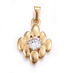 Золотой 304 подвески из нержавеющей стали, с кубического циркония, ромб, прозрачные, золотые, 21x15x5 мм, отверстие : 5x3 мм