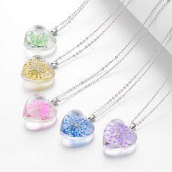 Mixed Color Glass Pendant Necklaces, Heart, with Brass Chains, Platinum, Mixed Color, 18.11 inch