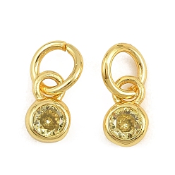 Yellow Brass Pave Cubic Zirconia Charms, Flat Round Charms, Single Stone Charms, Long-Lasting Plated, Rack Plating, Cadmium Free & Lead Free, Golden, Yellow, 7x4x2mm, Hole: 3.5mm