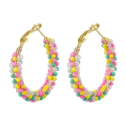 Doré  Boucles d'oreilles créoles en perles de rocaille en verre colorées, boucle d'oreille en fer en forme d'anneau pour femme, or, 37x5.5mm