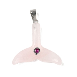 Розовый Кварц Природного розового кварца подвески, подвески в виде хвоста кита с 201 микрофиброй из нержавеющей стали и кубическими циркониями, цвет нержавеющей стали, 30.5x32x6.5 мм, отверстие : 6x3.5 мм