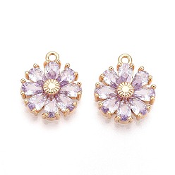 лаванда Настоящие 18 k позолоченные латунные подвески с микропаве и кубическим цирконием, без никеля , цветок, лаванда, 15x12.5x3.5 мм, отверстие : 1.4 мм