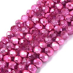 Темно-Розовый Прозрачные стеклянные бусины гальваническим пряди, рондель, со серебряным покрытием, с половиным покрытием, окрашенная и подогревом, граненые, темно-розовыми, 4~4.5x3.5~4 мм, отверстие : 0.8~0.9 мм, около 111~115 шт / нитка, 15.75~16.34 дюйм (40~41.5 см)