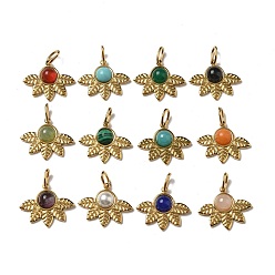 Смешанные камни Ионное покрытие (ip) 304 нержавеющая сталь с подвесками из натуральных и синтетических драгоценных камней, реальный 14 k позолоченный, смешанные окрашенные и неокрашенные, очарование листа, 16.5x20x5 мм, отверстие : 5x3 мм