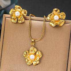 Цветок 304 ожерелье из нержавеющей стали с пластиковым жемчугом и серьгой-гвоздиком, золотые, цветок, 390 мм и 20x20 мм