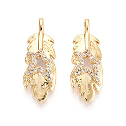 Перо Подвески из латуни с прозрачным фианитом, реальный 18 k позолоченный, без никеля , перо, 24x8.5x3.5 мм, отверстие : 1.5x3 мм