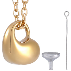Golden 1Pc 304 Stainless Steel Heart Pendant Urn Ashes Necklaces, with 1Pc 304 Stainless Steel Mini Funnel, with Eye Pins, Golden, 20.04 inch(50.9cm)
