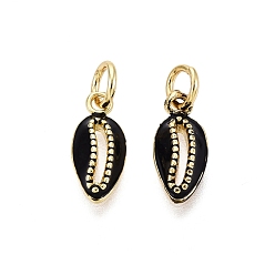 Черный Латунь эмаль подвески, подвески в форме ракушек, золотые, чёрные, 13x5.5x2.5 мм, отверстие : 2~4 мм, Перейти кольцо: 4~6x0.6~1 мм, внутренний диаметр: 2~4 мм