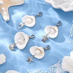 Морская Ракушка Подвески из сплава в тибетском стиле и ракушки, с натуральными бусинами из пресноводного жемчуга и застежками-клешнями, цвет морской раковины, 52~54 мм, 4 шт / комплект