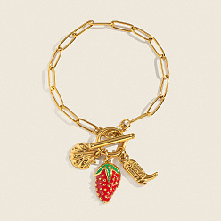 Golden Ocean 304 Stainless Steel Enamel Strawberry Shell Shape Charm Paperclip Chain Bracelets with OT Clasps, Red, Golden, 7.48 inch(19cm)