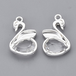 Silver Eco-Friendly Alloy Glass Pendants, Faceted, Nickel Free, Swan, Clear, Silver Color Plated, 20x12.5x4mm, Hole: 1.5mm