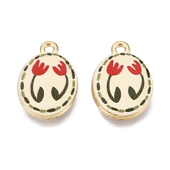 Lemon Chiffon Valentine's Day Printed Alloy Pendants, Rack Plating, Oval & Flower Charms, Cadmium Free & Nickel Free & Lead Free, Golden, Lemon Chiffon, 20x13.5x4mm, Hole: 1.8mm