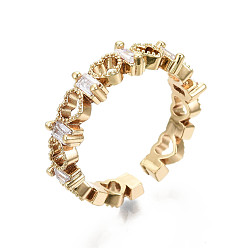 Real 16K Gold Plated Brass Micro Pave Clear Cubic Zirconia Cuff Rings, Open Rings, Nickel Free, Heart, Real 16K Gold Plated, Inner Diameter: 17mm