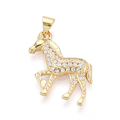 Настоящее золото 18K Латунные микропаве прозрачные подвески с фианитом, лошади прелести, реальный 18 k позолоченный, 19.5x20x3 мм, отверстие : 3.5x5 мм