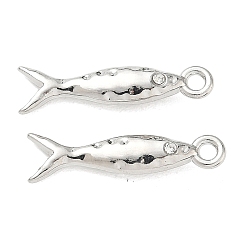 Fish Alloy Rhinestone Pendants,  Long-Lasting Plated, Platinum, Fish Charms, 23.5x6.5x3.5mm, Hole: 1.8mm