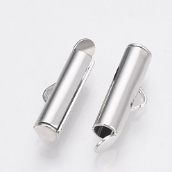 Platinum Brass Slide On End Clasp Tubes, Slider End Caps, Platinum, 6x16x4mm, Hole: 1x3mm, Inner Diameter: 3mm